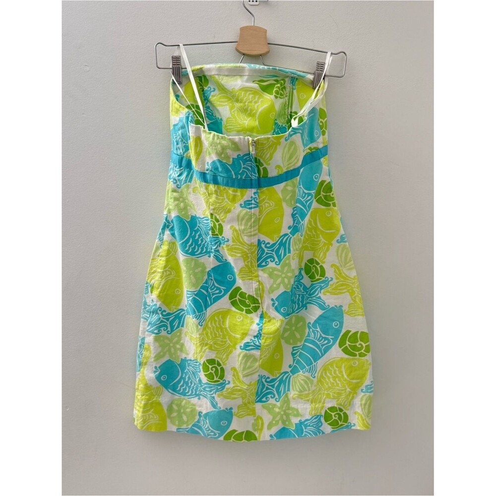 Vintage Lilly Pulitzer Fish Print Clearwater Green Blue Dress Strapless 6 - Picture 2 of 5